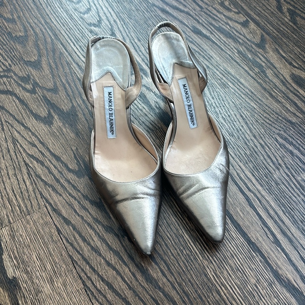 Gold Manolo Blahnik high heel sling backs
